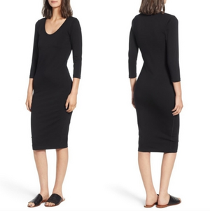 Standard James Perse Solid Black 3/4 Sleeve Scoop‎ Neck Bodycon Dress, Sz 3 / L